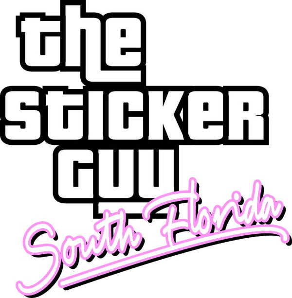 Stylized text with 'the STICKER GUY' and 'South Florida' in a decorative font on a white background.